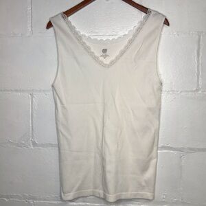 Jilla Women's Plus Size 3X Solid White V Neck Lace Trim Ribbed Tank Top